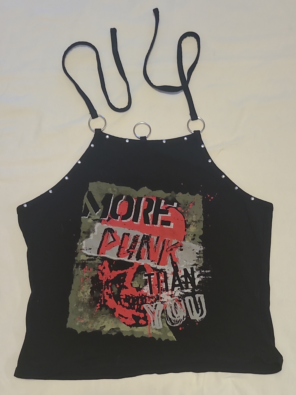 "More Punk Than You" Halter Camisole with Ring & Stud Accents